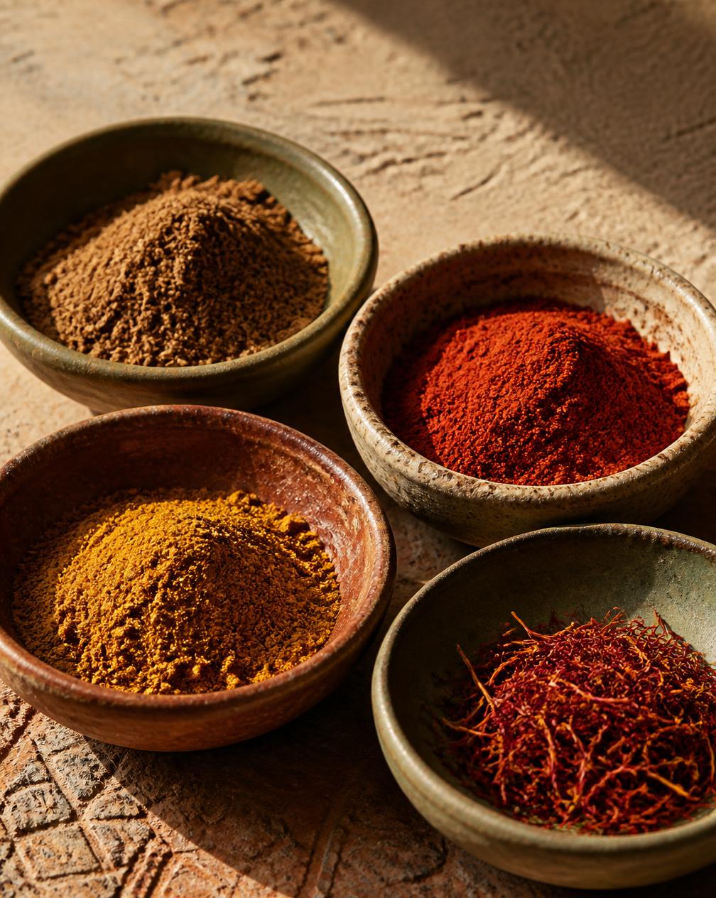 Ground spices in small handmade ceramic bowls