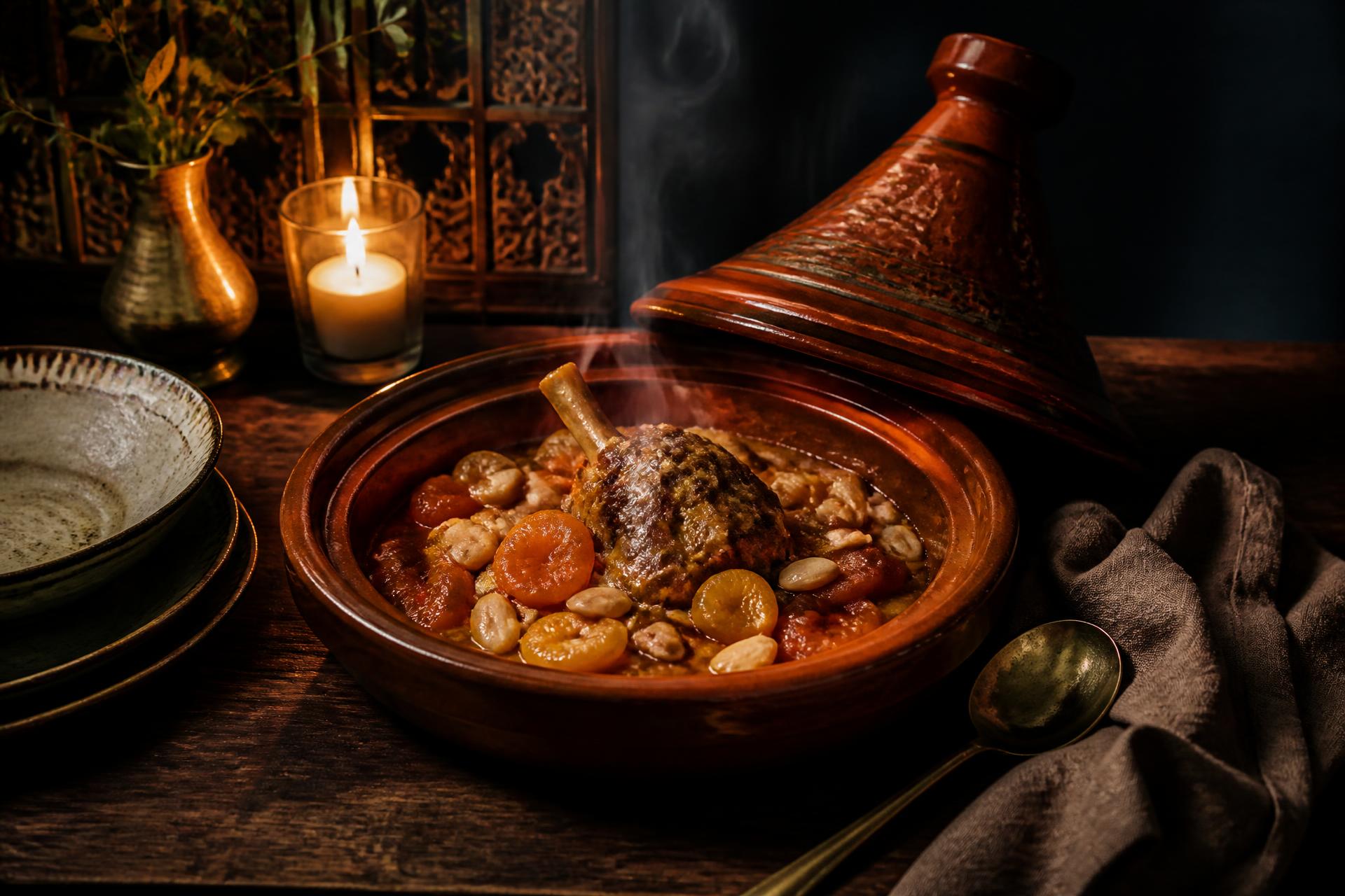 Lamb tagine steaming beside candlelight on a dark timber table