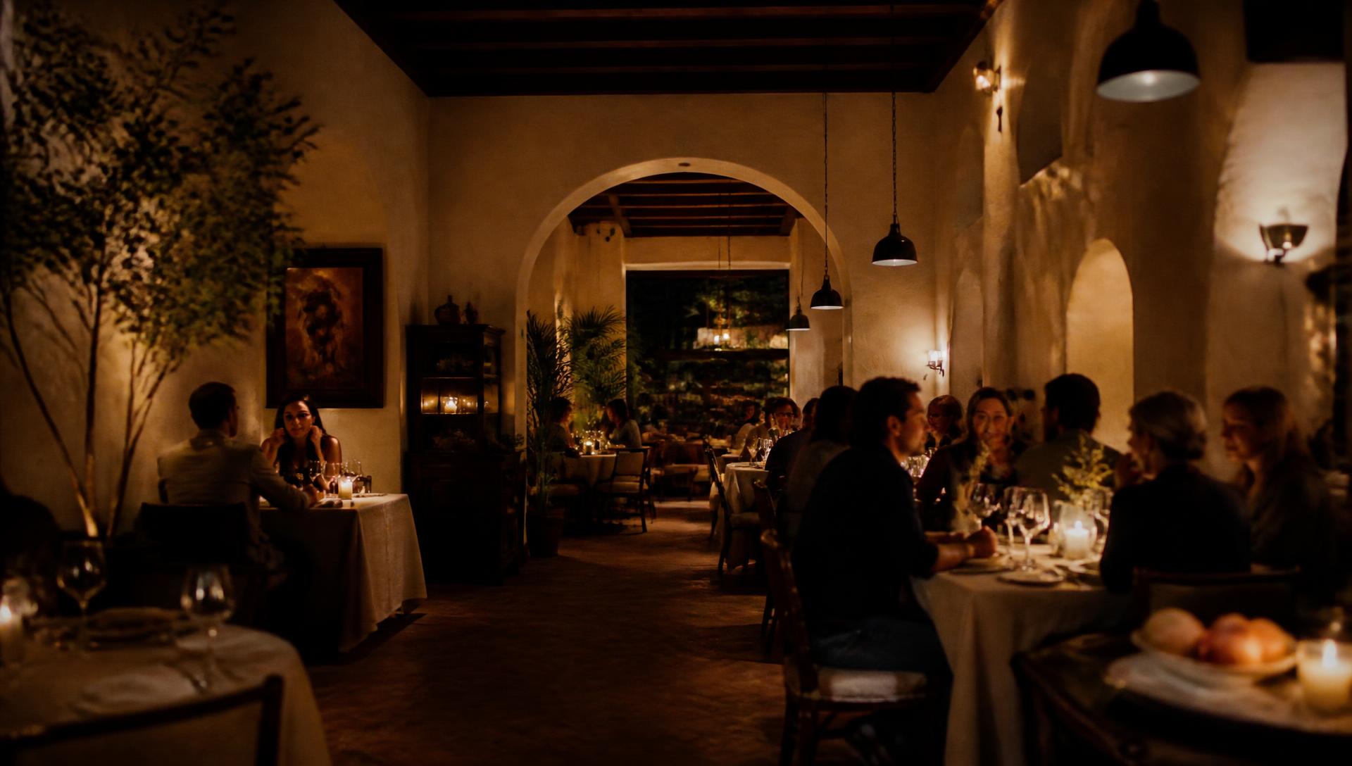 The dining room at night, lit low