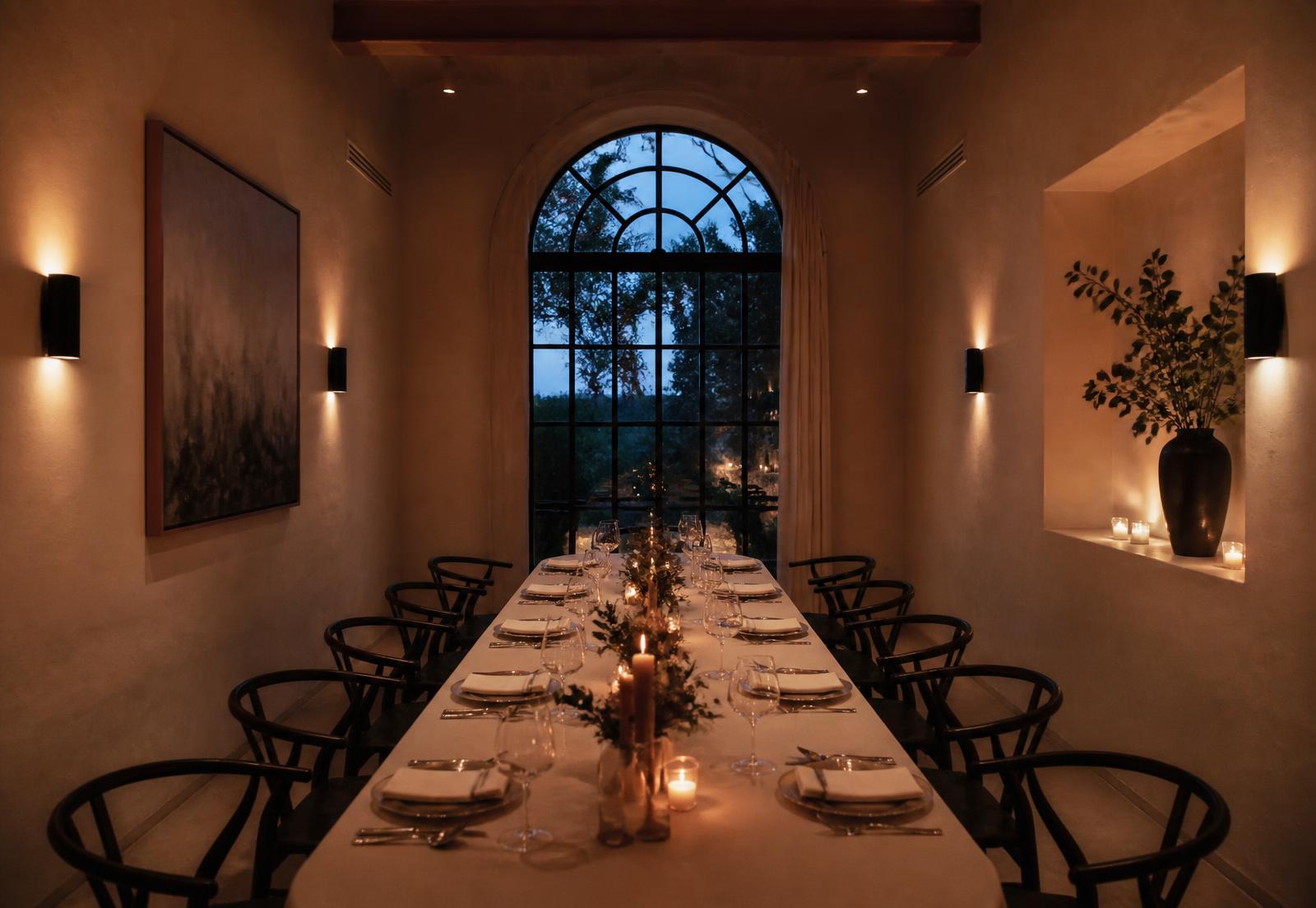 Private dining room set for twelve beneath an arched window