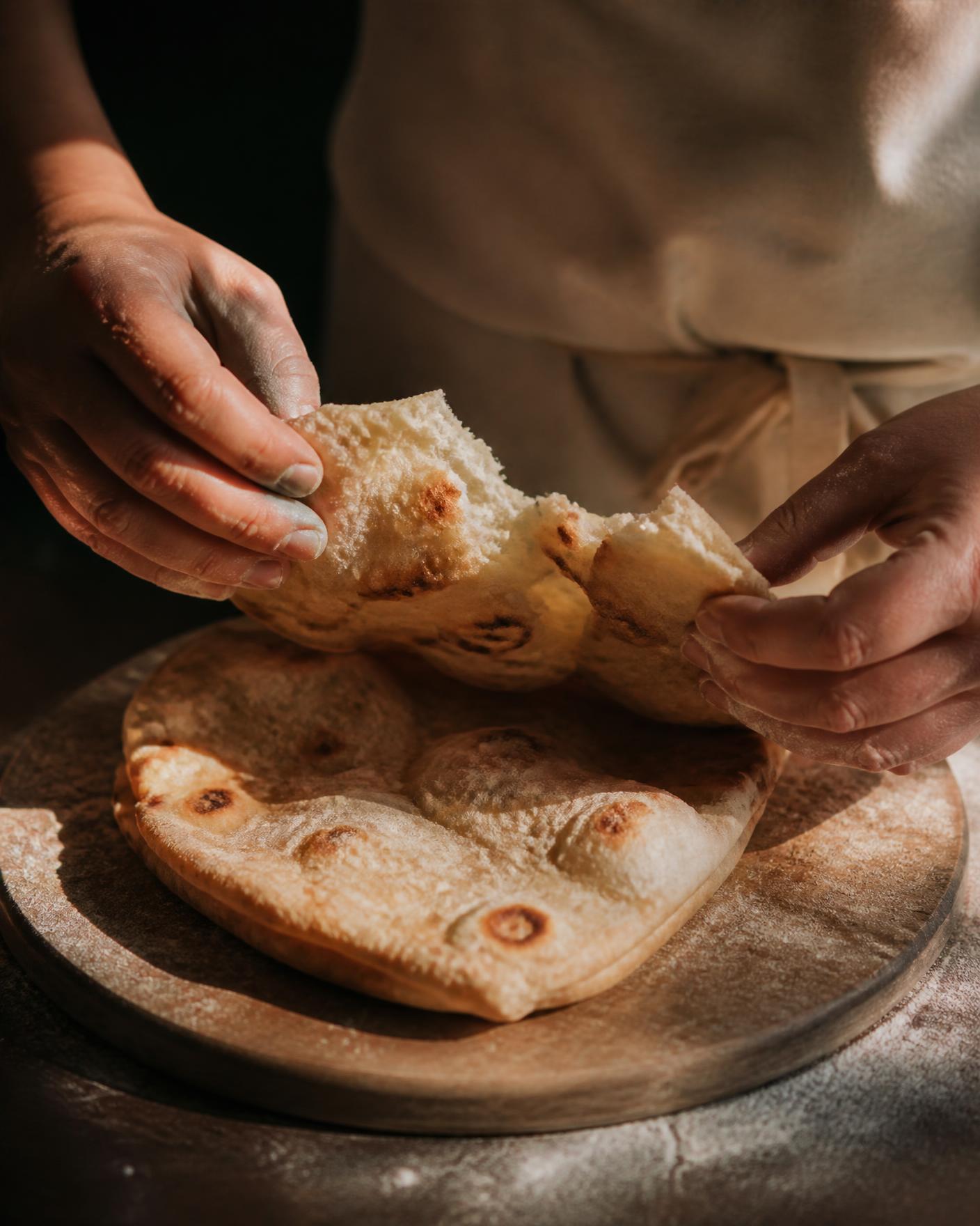 Hands tearing warm flatbread over a wooden board